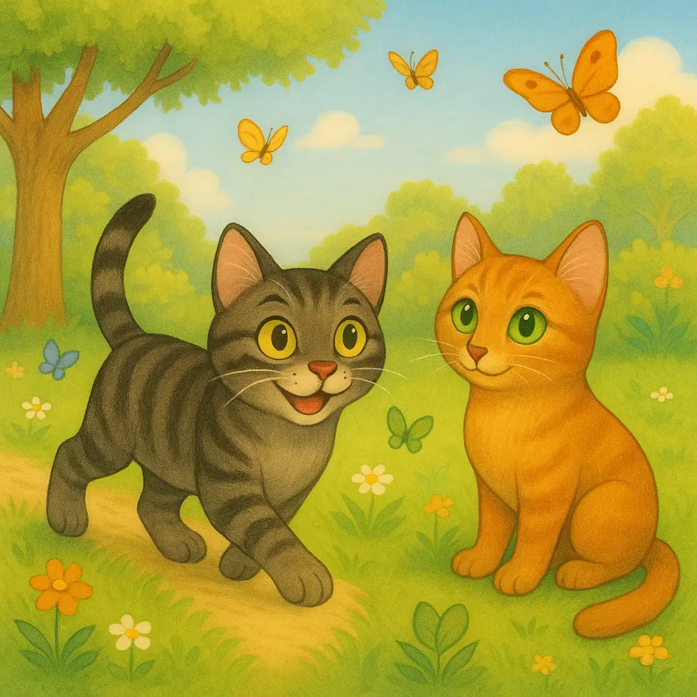Georgie, un gato atigrado gris, y su hermana naranja Marie en un jardín soleado.
