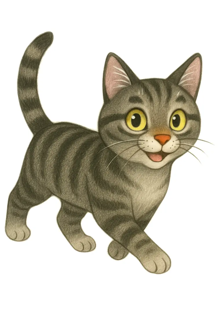 Georgie, un alegre gato atigrado gris de ojos amarillos.