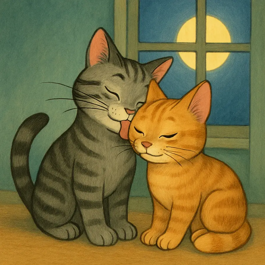 Georgie affectionately licks his sister Marie’s head while the moon shines outside.