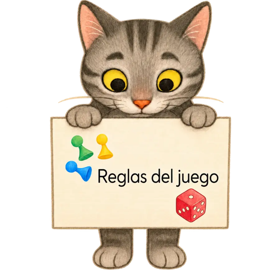 Georgie sostiene un cartel que dice «Cómo se juega», junto a fichas y un dado.