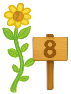 Eine große Blume mit gelber Blüte. Daneben ein Holzschild mit der Nummer 8.