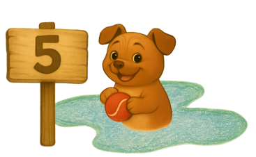 Flip badet mit Ball in der Pfütze. Daneben ein Holzschild mit der Nummer 5.