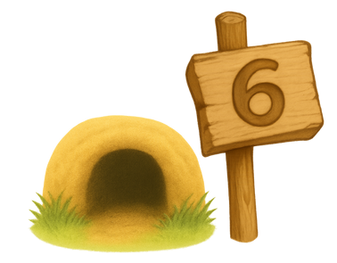 Der Ausgang einer Kaninchenbaus. Daneben ein Holzschild mit der Nummer 6.