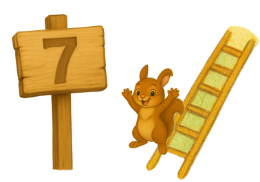 Milu steht am Fuß einer Leiter und jubelt. Daneben ein Holzschild mit der Nummer 7.